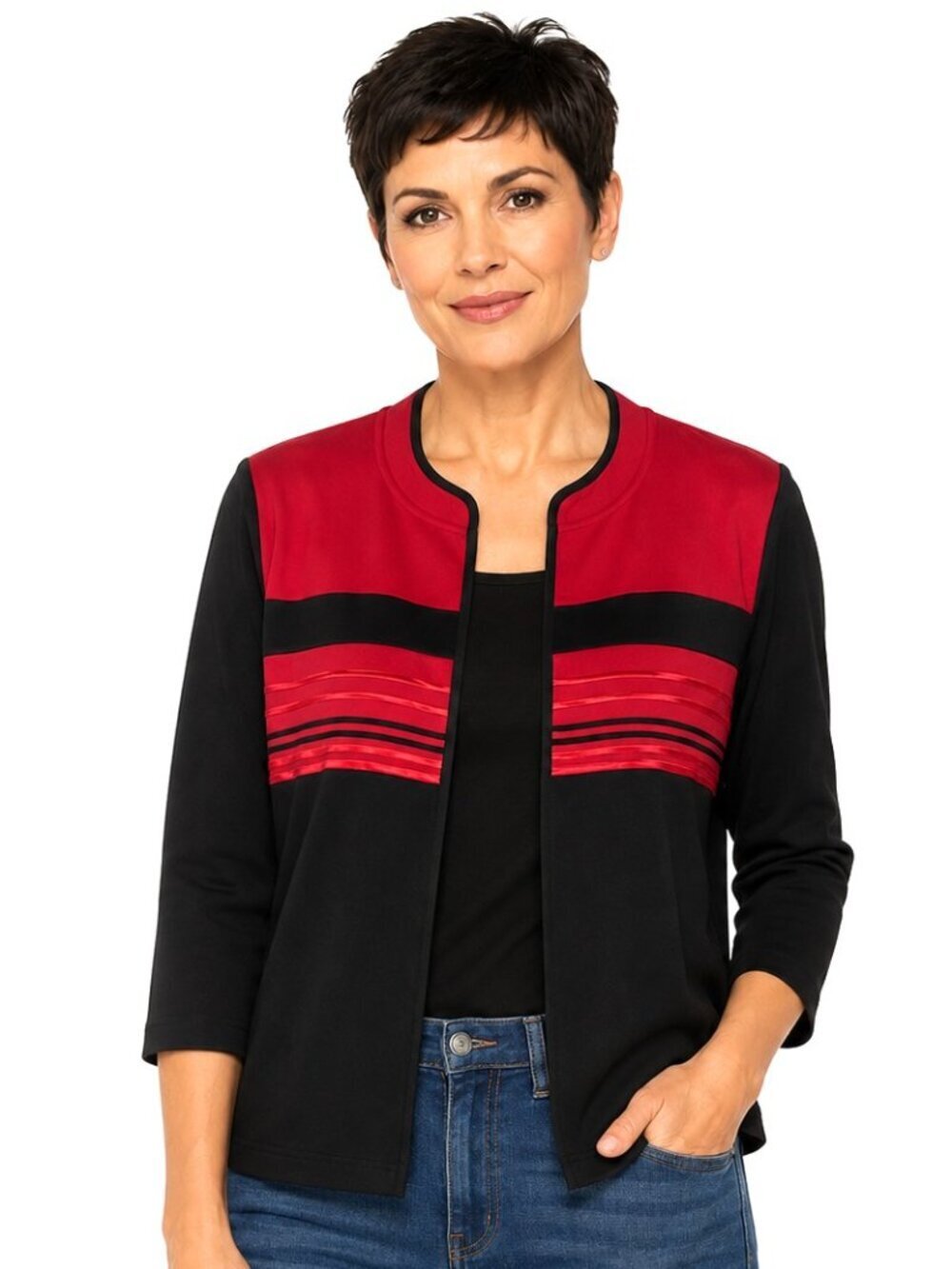 Misook Petites Red Black Knit Cardigan Sweater